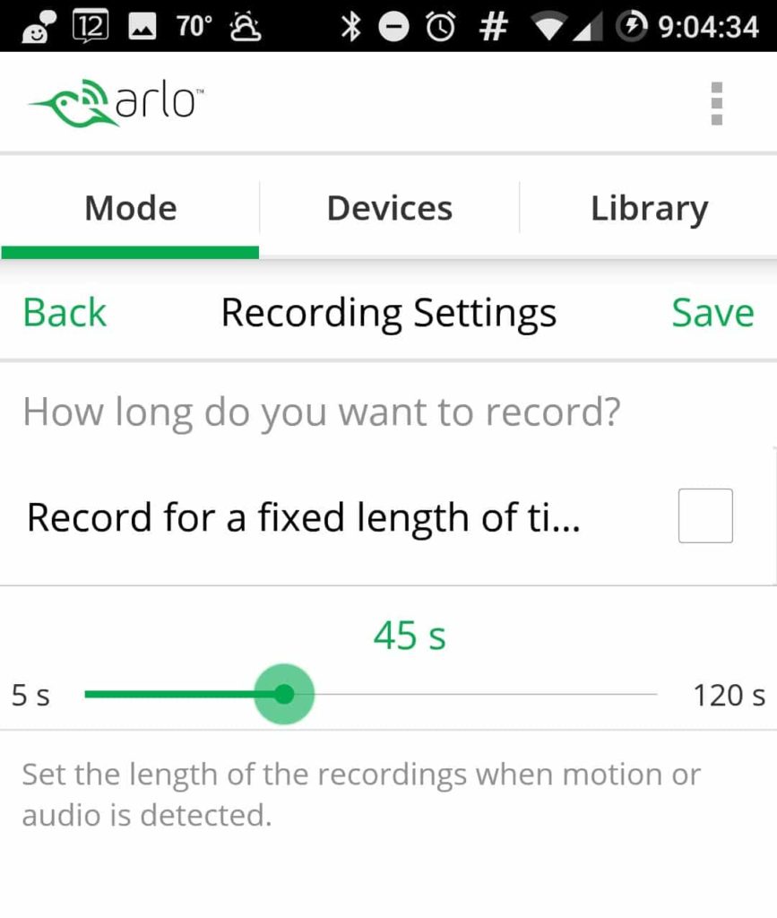 Screenshot of Netgear Arlo Pro Review Android App Choose Recording Length