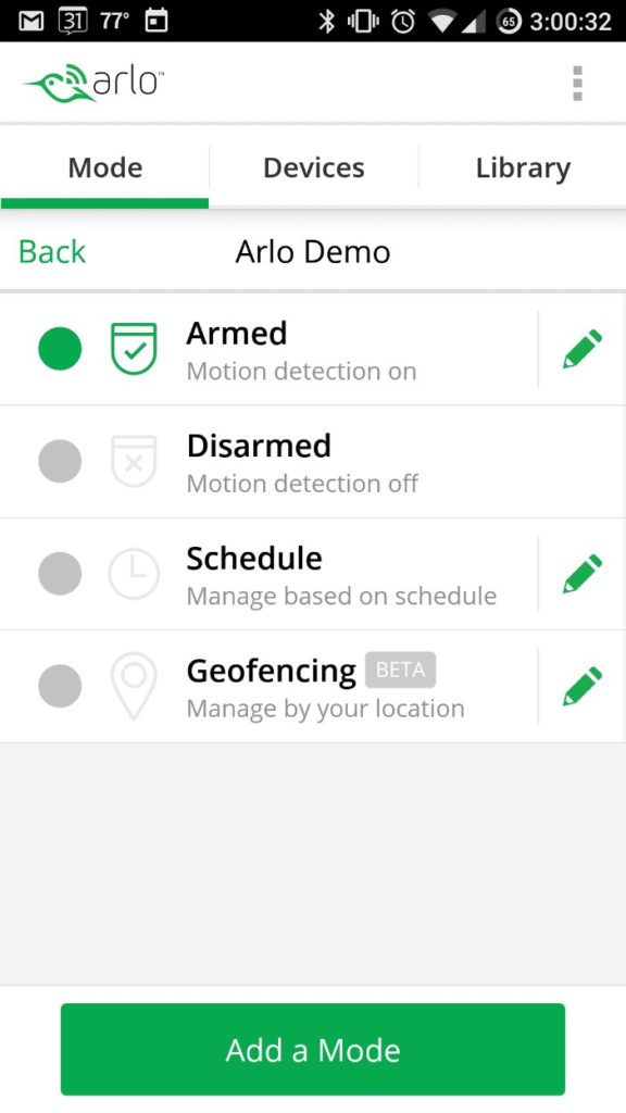 Screenshot of Netgear Arlo Pro Review Android App Mode Settings